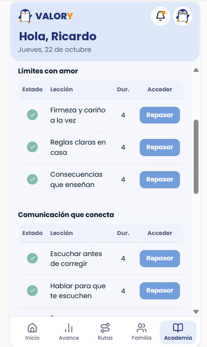 Lecciones de un curso, con su duración y el botón Repasar
